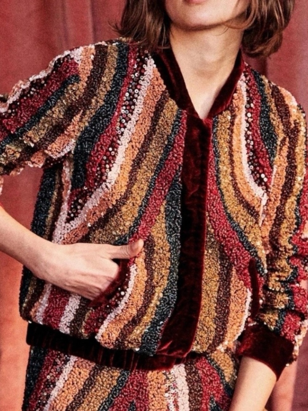 Sezane Sequin Embroidered Bomber Jacket